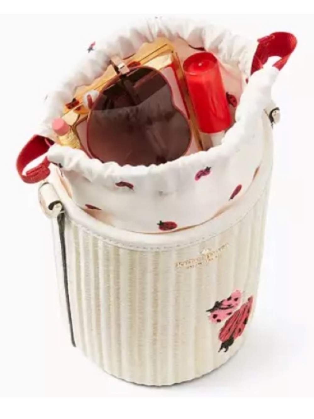 Kate Spade Cream Straw Crossbody w leather strap Pink Red Ladybug Detail NWOT - Picture 3 of 8